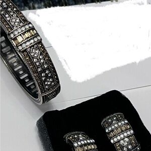 Elegant Clear & Neutral Stone Brass Bracelet and Pierced Earring Set